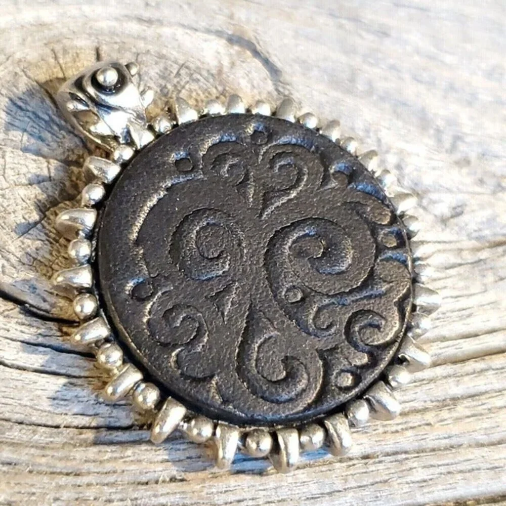 Y2K Vintage Black Leather Embossed Swirls Bali Style Bail Silver Pewter Pendant